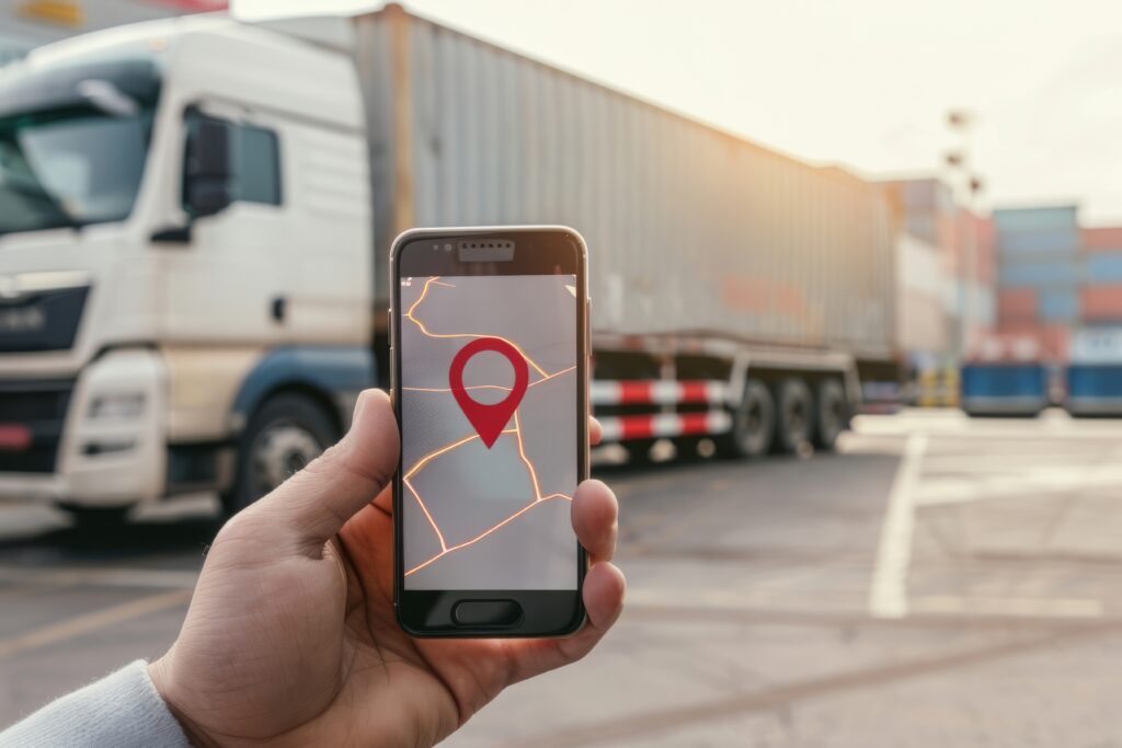 Mão próxima segurando um smartphone com GPS de navegação e caminhões de carga atrás